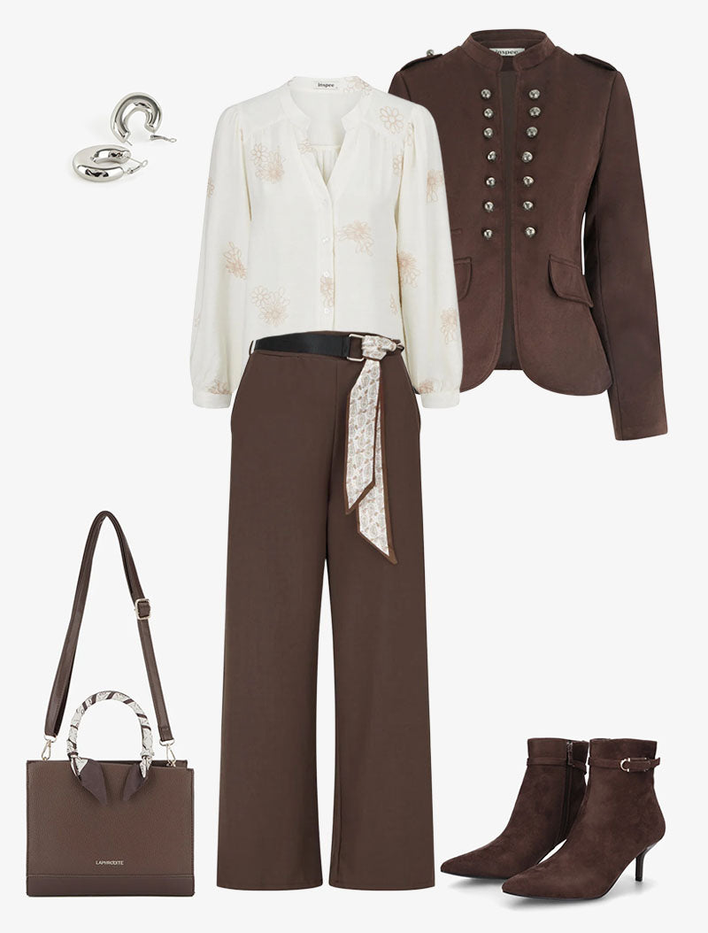 Chaqueta Georgy Chocolate combinada en look de otoño - AURA MILANO