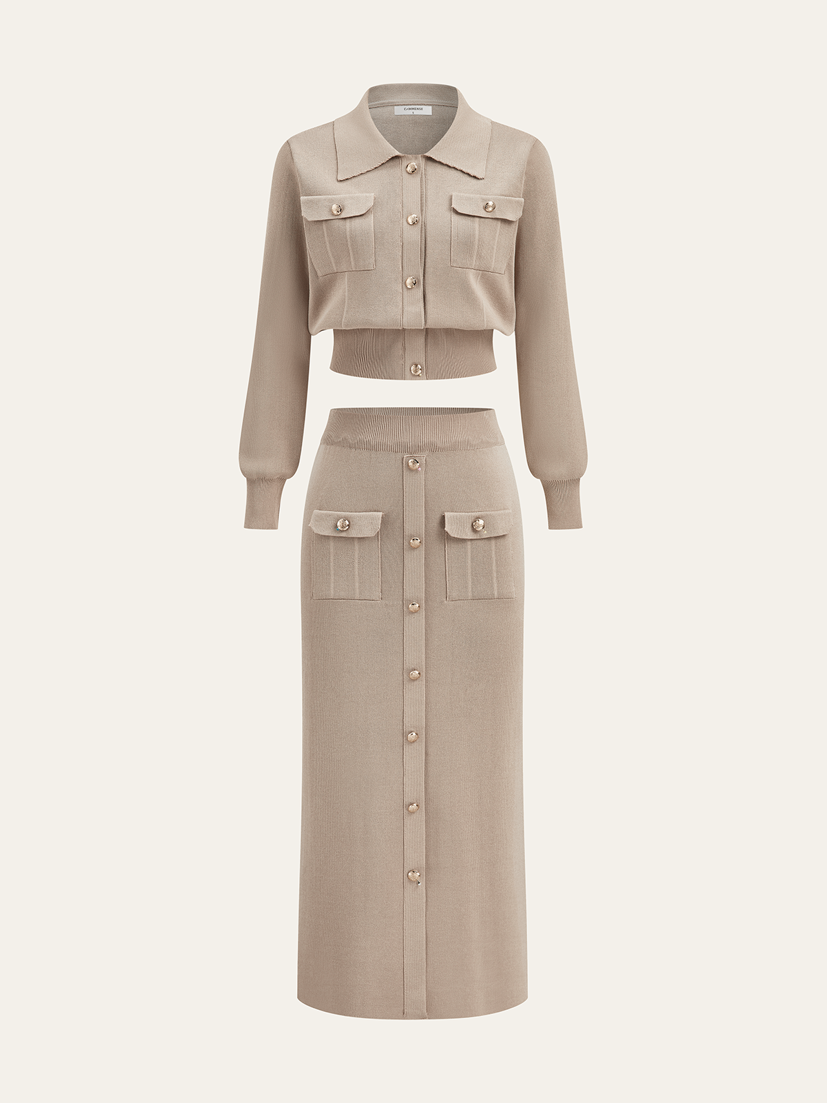Élégance Milano — caqui: conjunto con mangas extendidas.