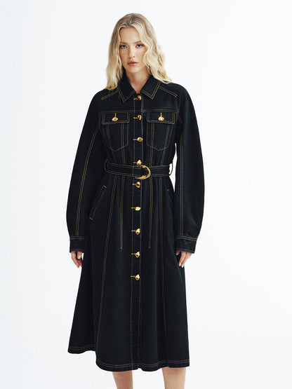 Denim Élégance — negro: vestido de cuerpo entero.