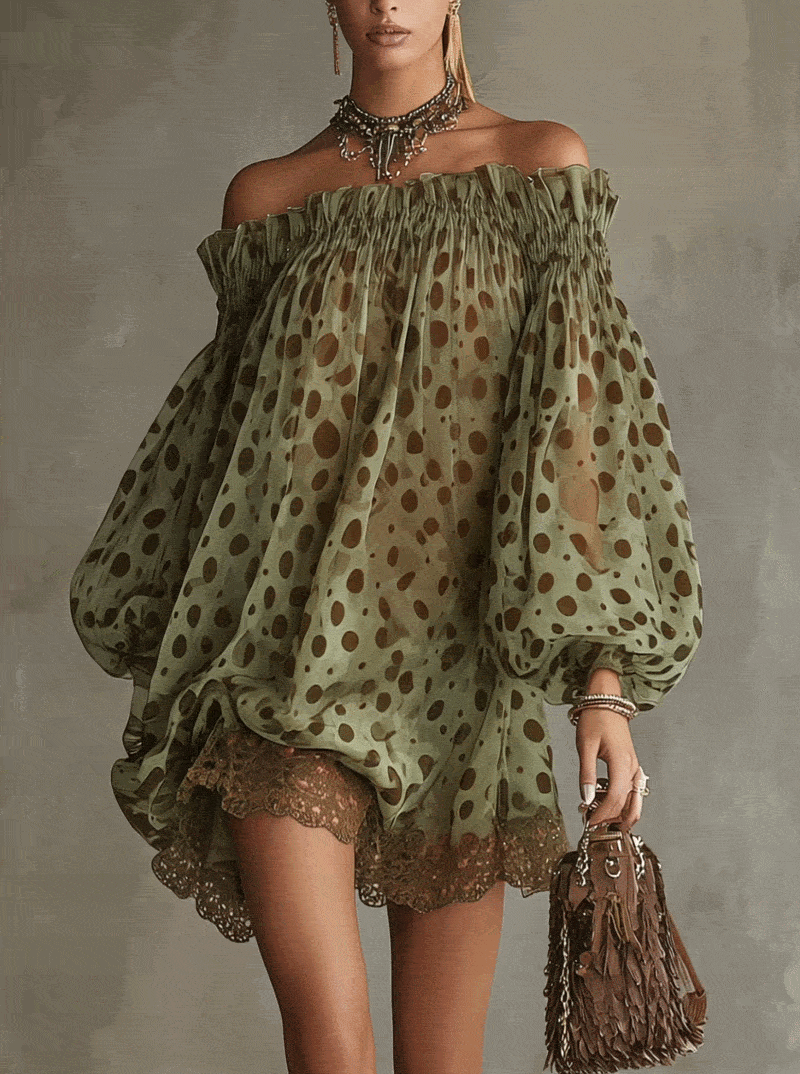 Zephyrelle - Vestido mini de hombros descubiertos con lunares y encaje