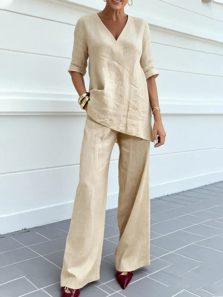 Susana | Conjunto de Dos Piezas con top de manga media y pantalones rectos