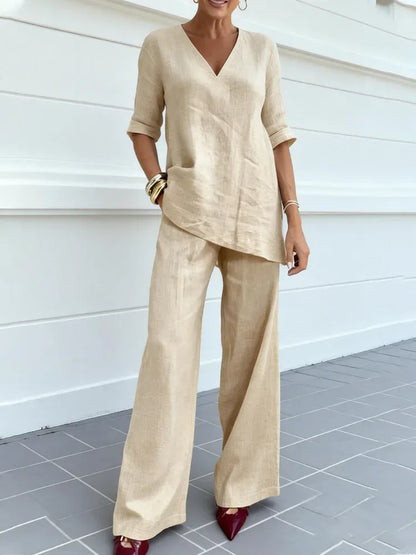 Susana | Conjunto de Dos Piezas con top de manga media y pantalones rectos