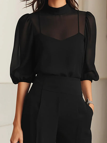 VALENTINA | CONJUNTO DE TRES PIEZAS EN COLOR NEGRO, COMPUESTO POR TOP LENCERO TRANSPARENTE Y PANTALONES DE PATA ANCHA