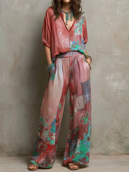 Clara | Conjunto elegante con estampado floral y pantalón ancho