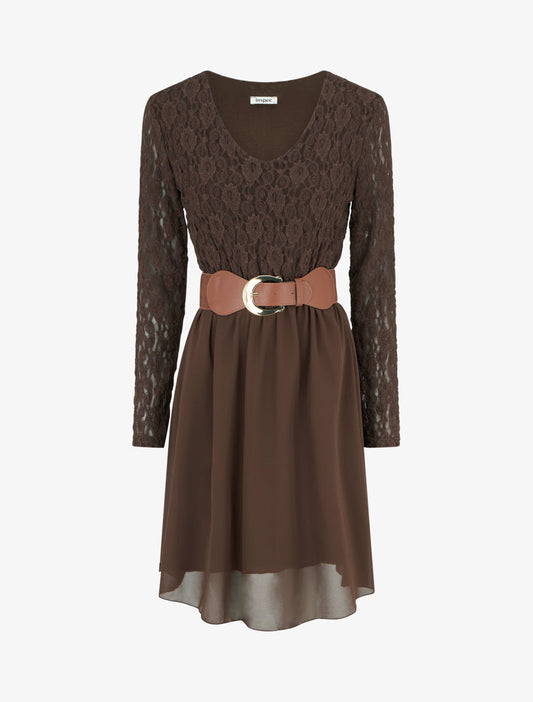 Vestido Calis Chocolate con cuerpo de encaje - AURA MILANO